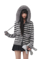 Gray Fur Hood Stripe Cardigan