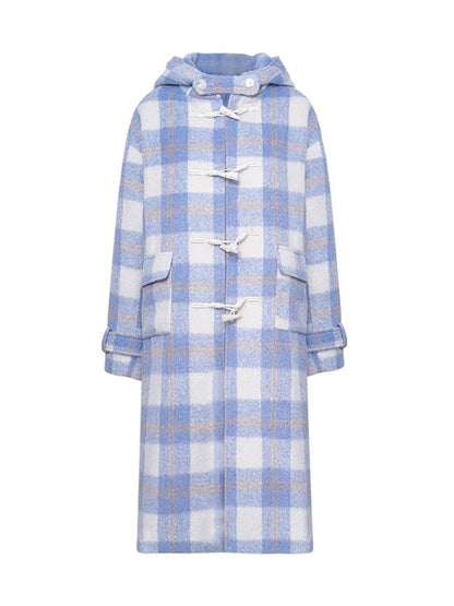 Blue Check Hooded Wool Coat