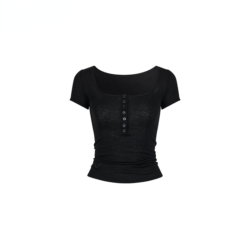 Black &amp; Grey Henley Collar Embroidered T-Shirt