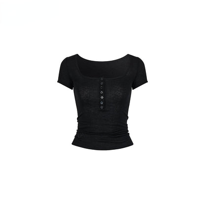 Black &amp; Grey Henley Collar Embroidered T-Shirt