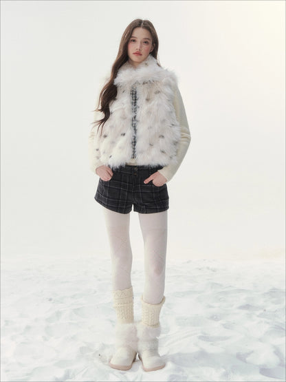 Polka-Check Reversible Faux-Fur Vest