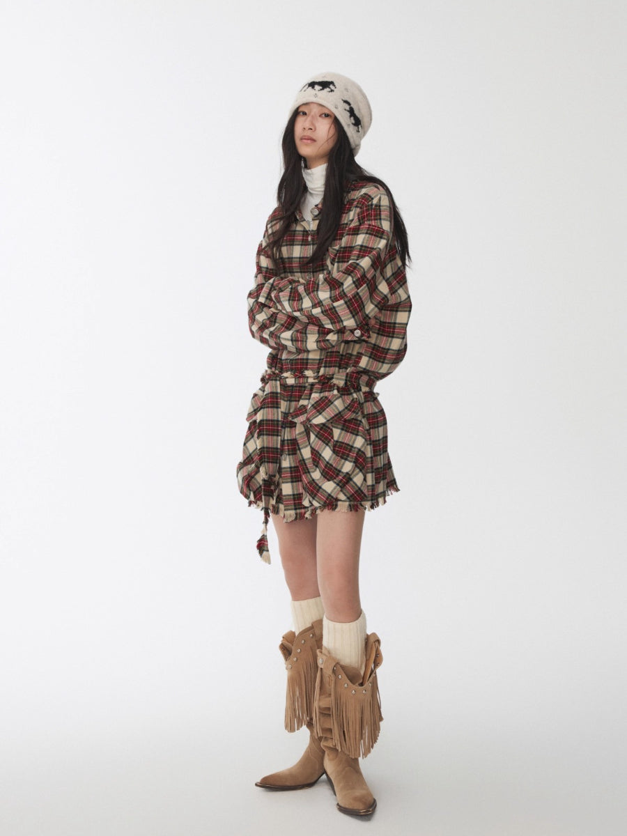 Vintage Red Plaid Frayed-Edge Utility Shirt Dress