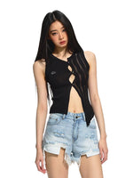 Black Off-set Round Neck Crochet Lace Cardigan
