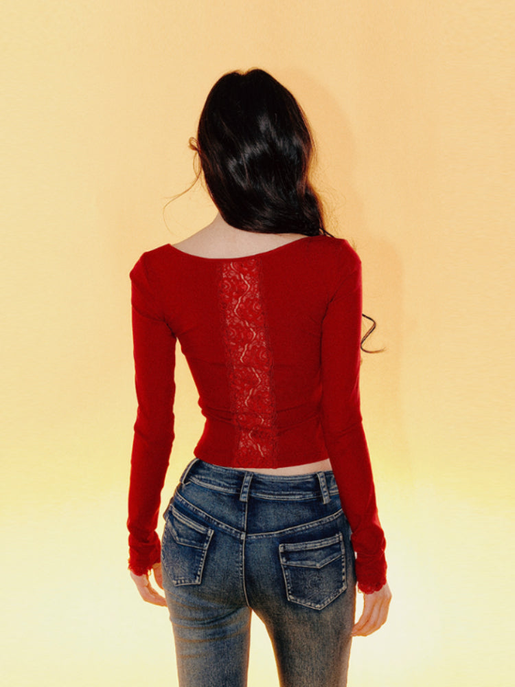 Lace Backless Tie-Up Long Sleeve T-shirt