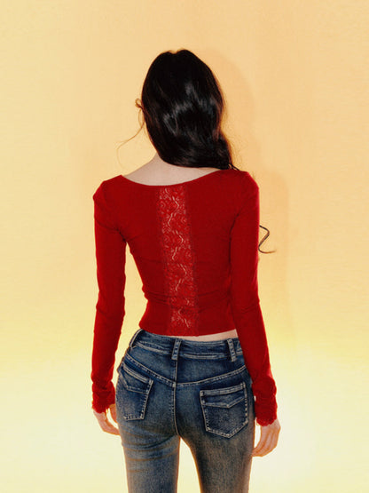 Lace Backless Tie-Up Long Sleeve T-shirt