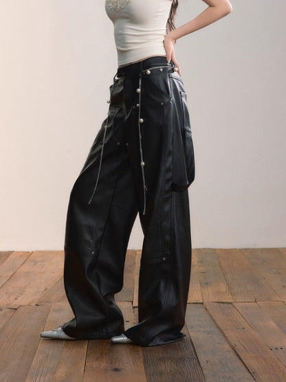 Strap &amp; Stud Detail PU Leather Pants
