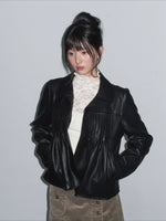 Pleated Curved-Hem Leather Jacket