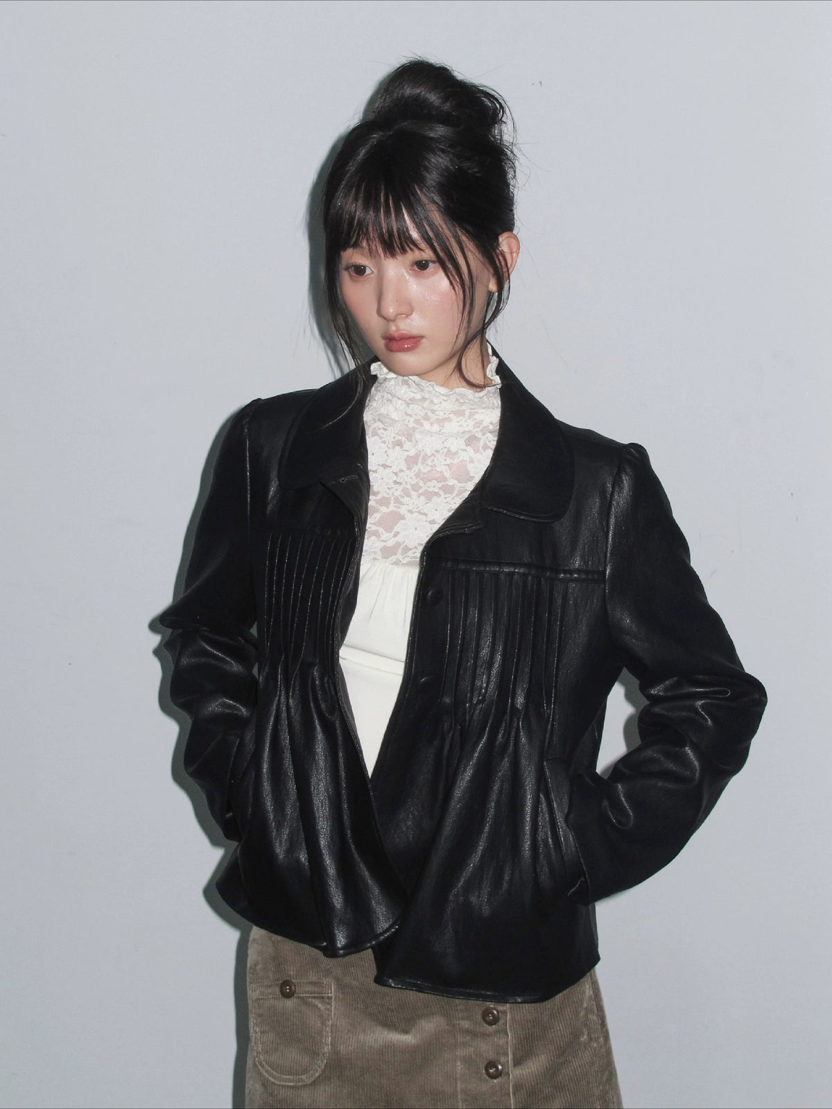 Pleated Curved-Hem Leather Jacket