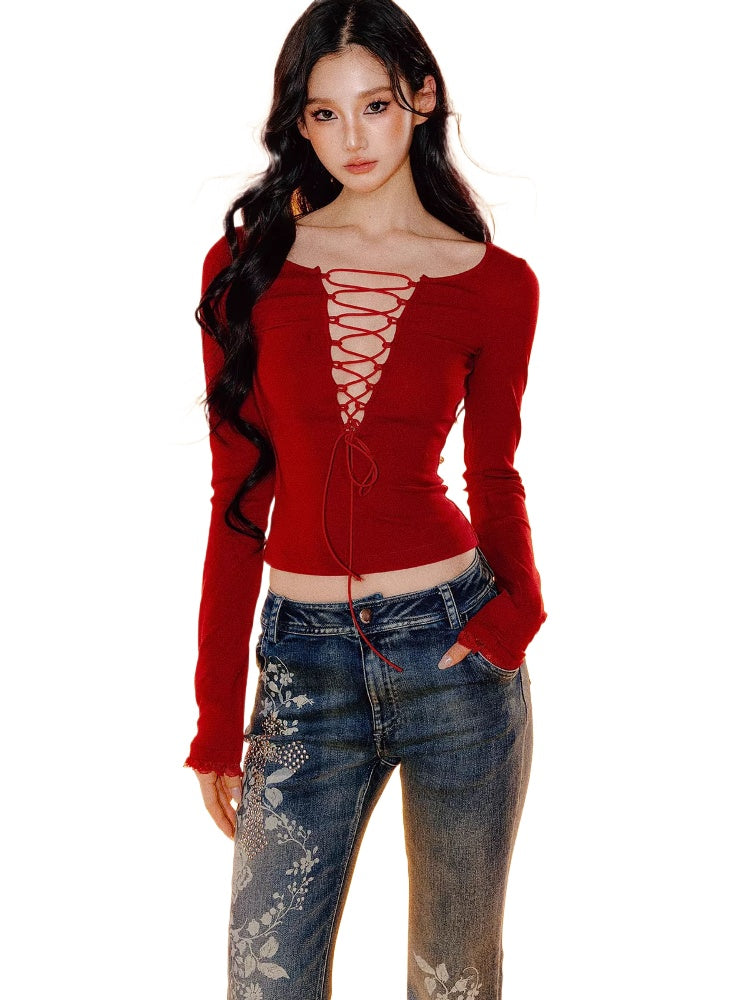 Lace Backless Tie-Up Long Sleeve T-shirt