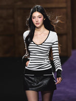 Striped V-Neck Epaulet Long-Sleeve Tee