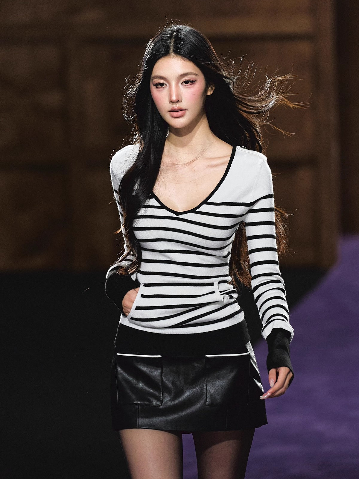 Striped V-Neck Epaulet Long-Sleeve Tee