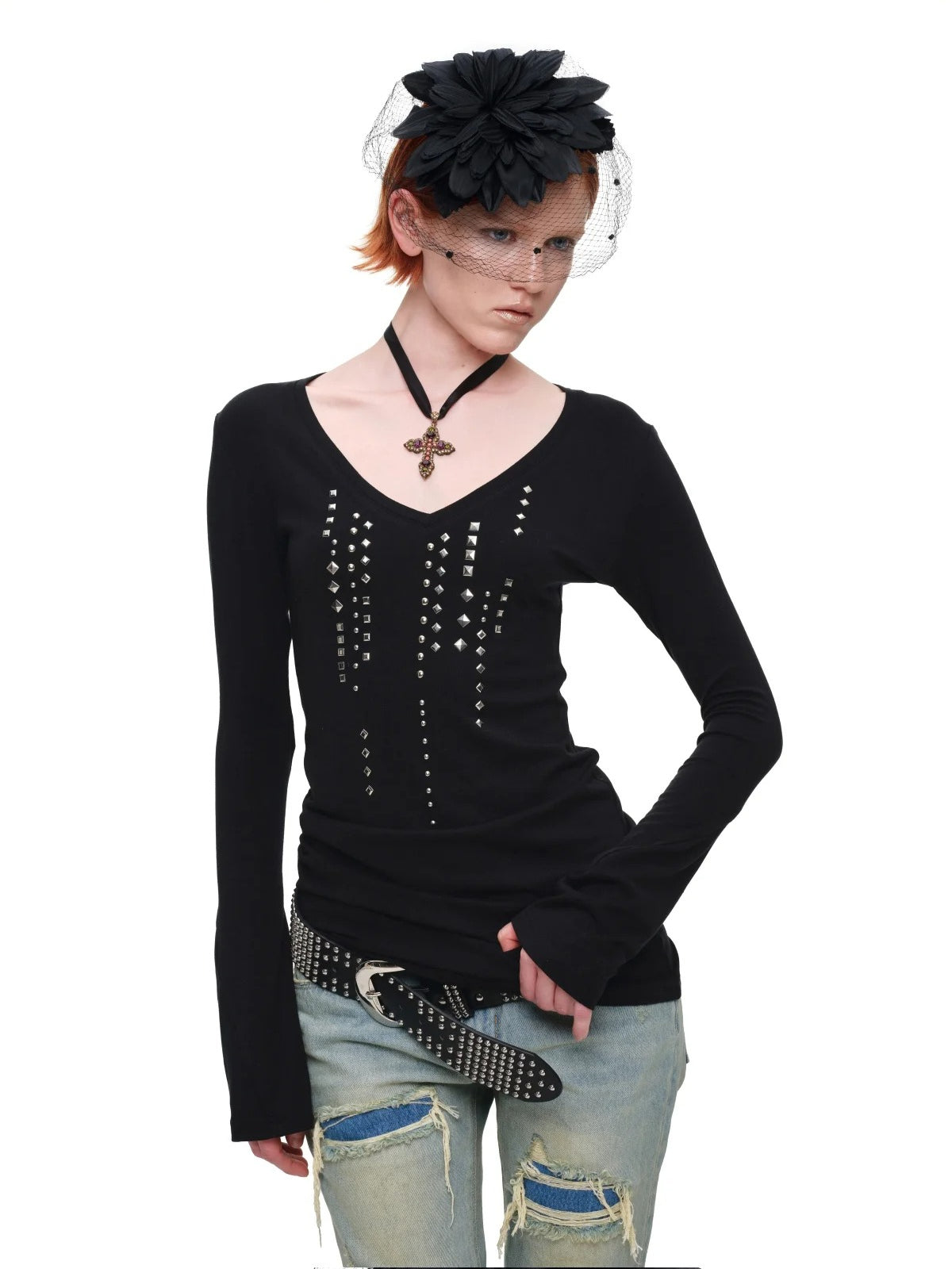 Rhinestone V Neck Knit Top