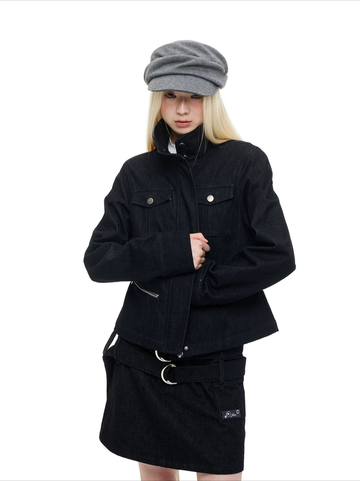 Stand Collar Denim Jacket &amp; Skirt Set