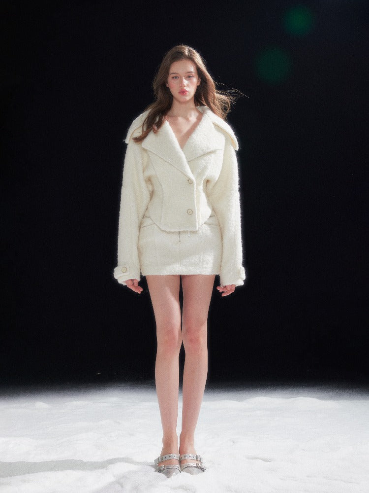 Shearling Collar Waist-Cinching Coat &amp; Wool Skirt Set