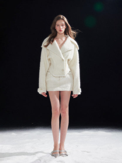 Shearling Collar Waist-Cinching Coat &amp; Wool Skirt Set
