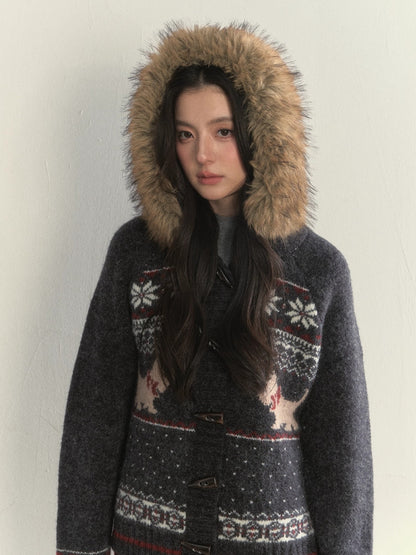 Fair Isle Dog Fur-Collar Cardigan