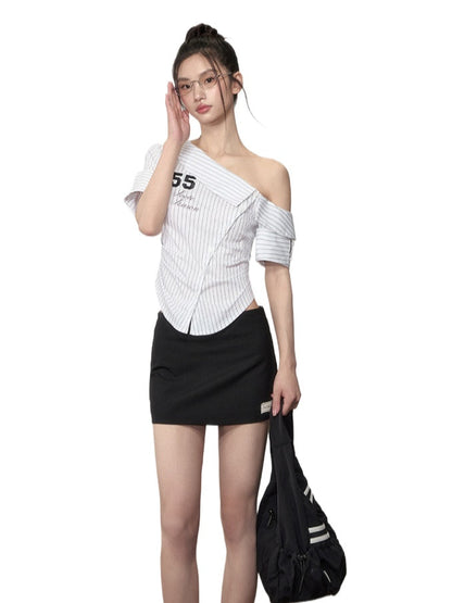 Pure-desire Asymmetric-shoulder Waist-cinching Blouse