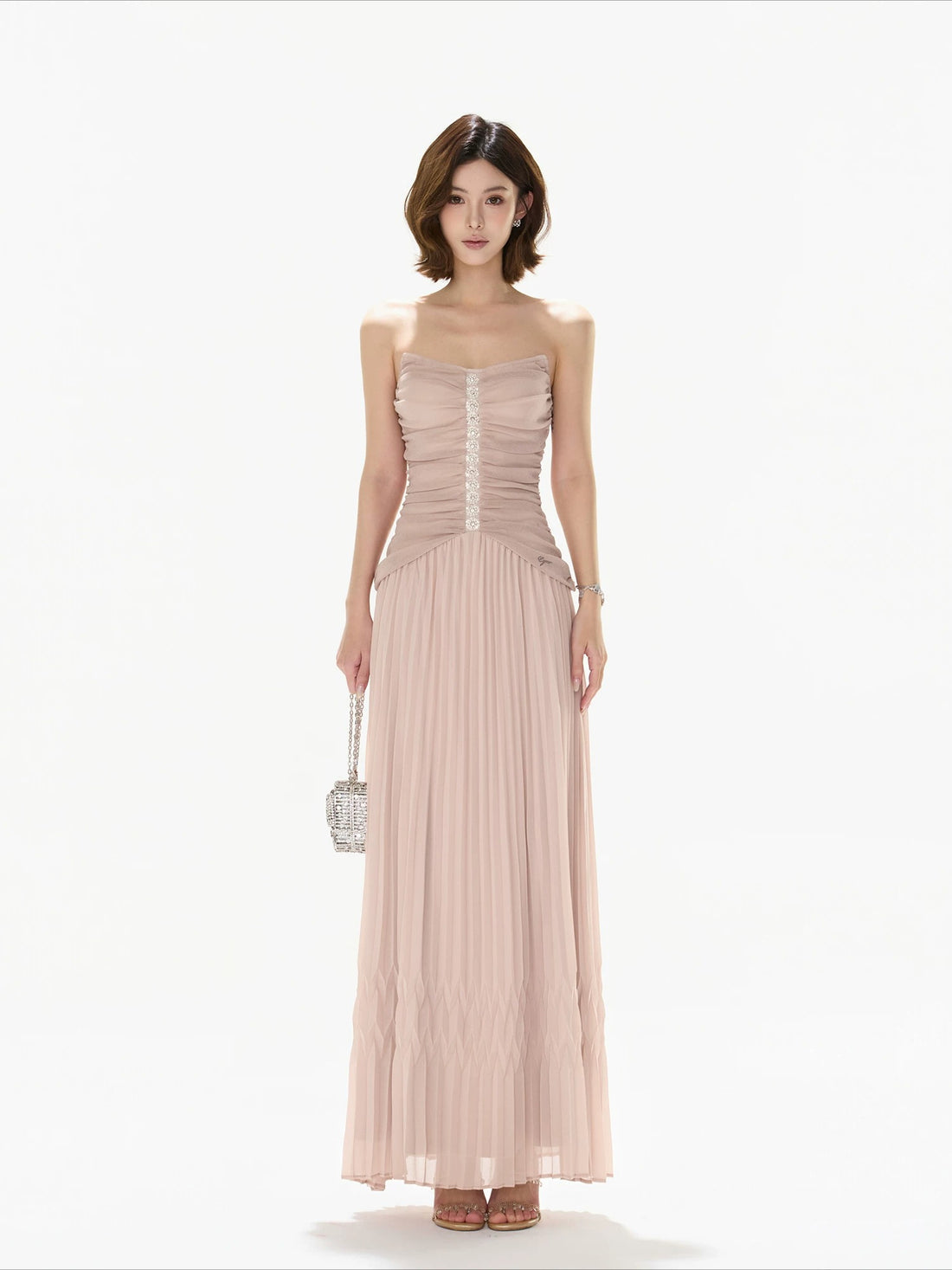 Pleated Mesh Maxi Dress
