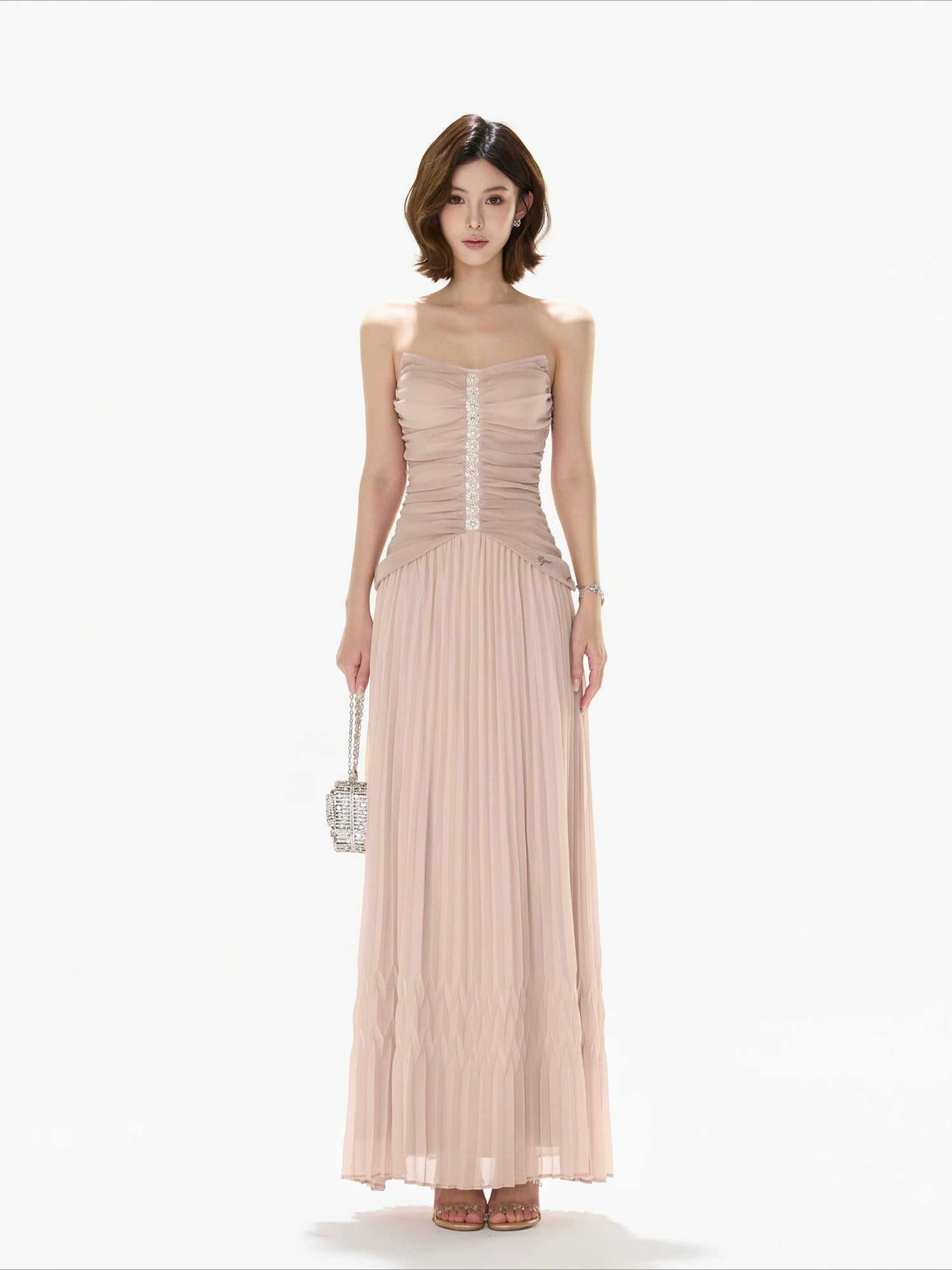 Pleated Mesh Maxi Dress