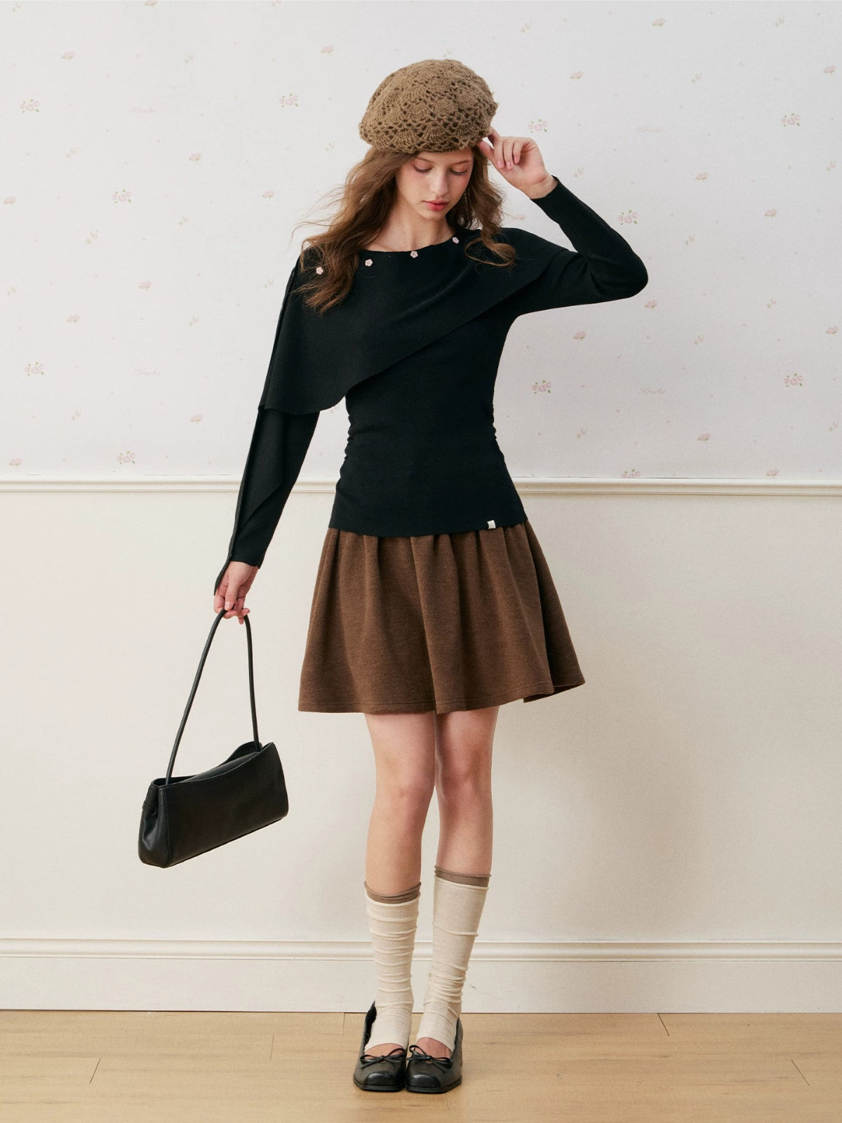 Wool Blend Cape Shoulder Knit Top