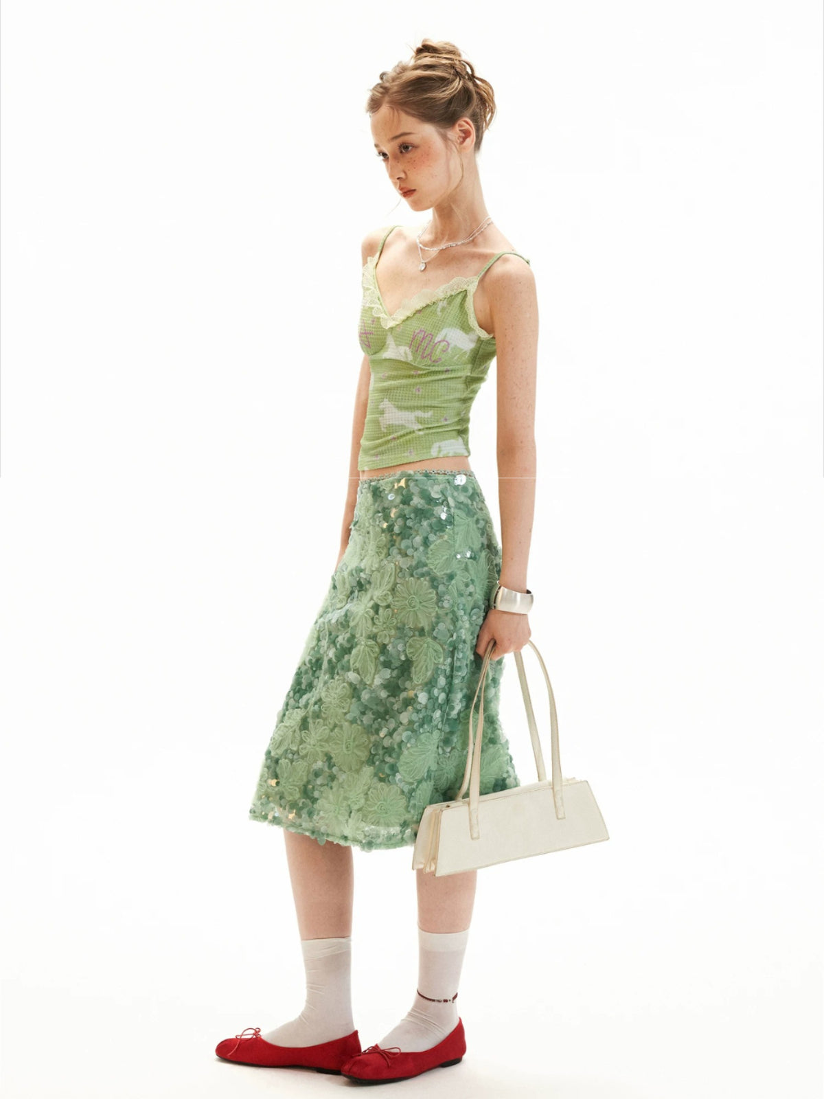 Mint Sequin Embroidered Midi Skirt