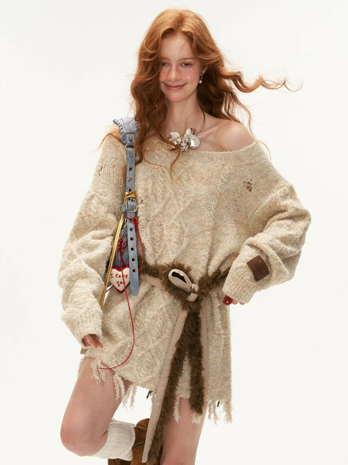 Off-Shoulder Fringe Knit Sweater