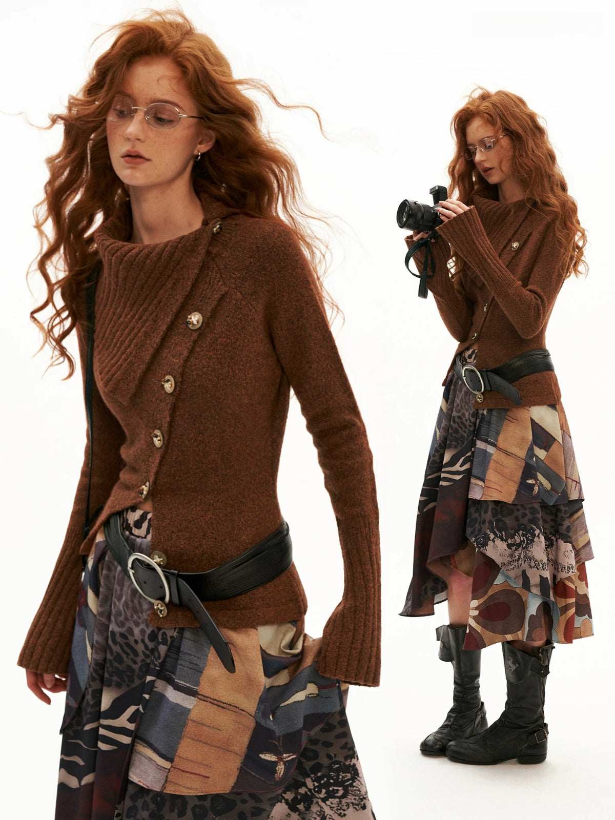 Asymmetrical High Neck Fitted Knit Cardigan