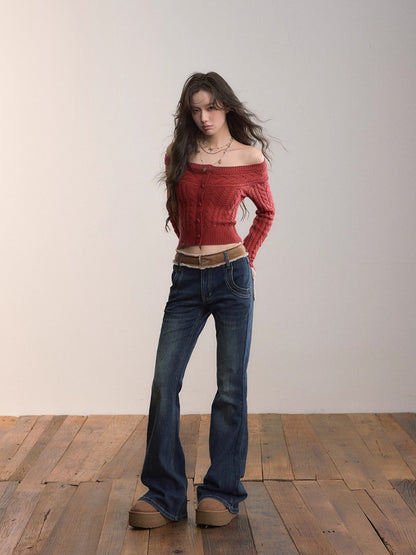 Color-Blocked Faux Fur Waist Slim Flare Jeans