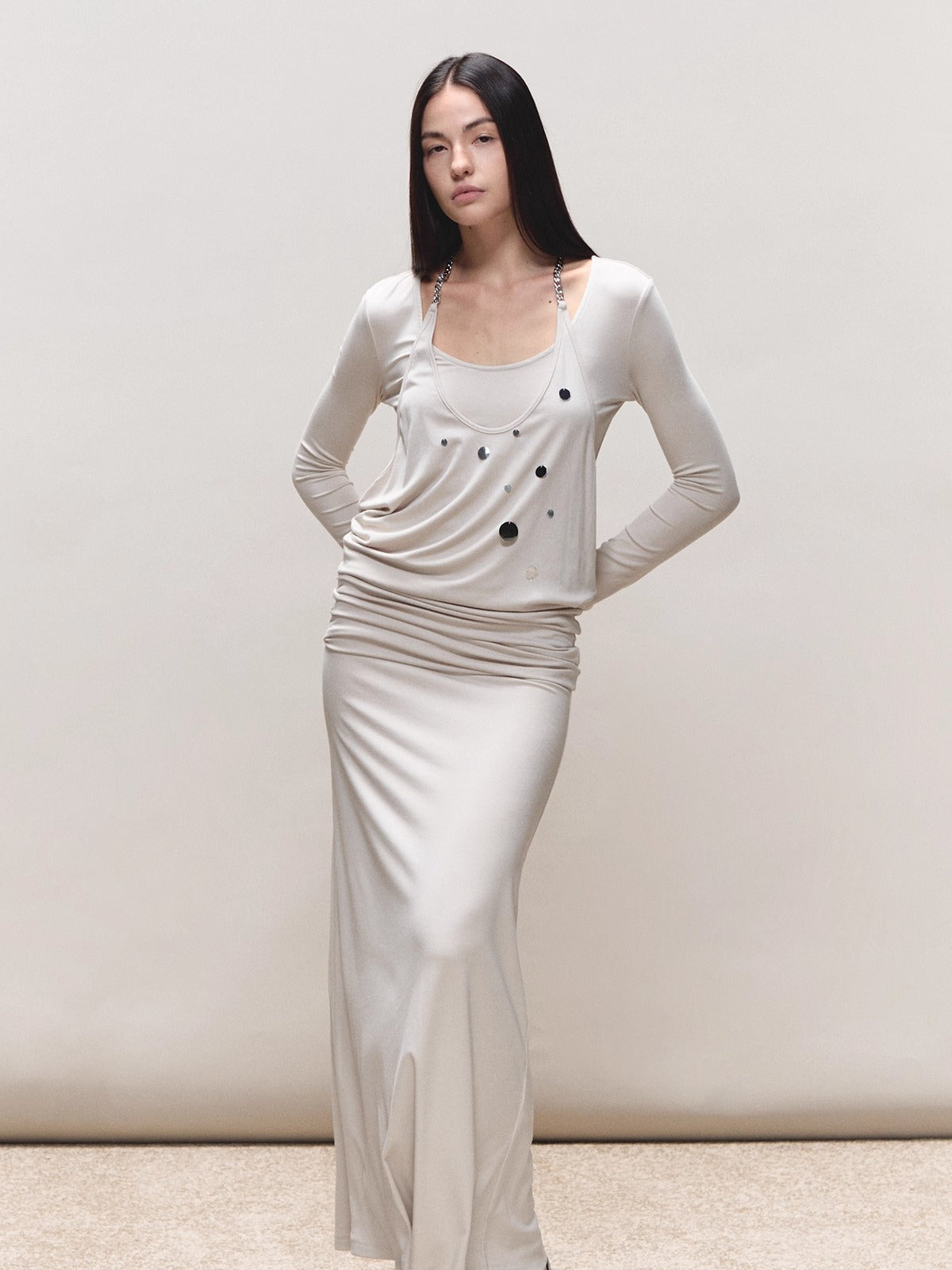 Faux-Two-Piece Halter Sequin Maxi Dress