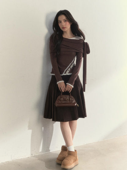 “Ribbon Shoulder” Off-Shoulder Knit Top