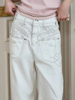 Embroidered Curved Wide-Leg Jeans