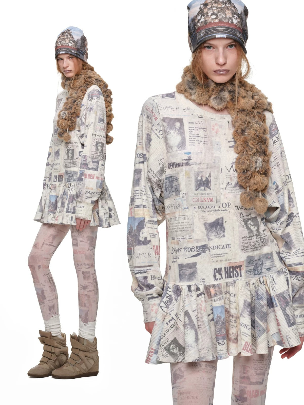 Vintage Cat Newspaper Print Tights