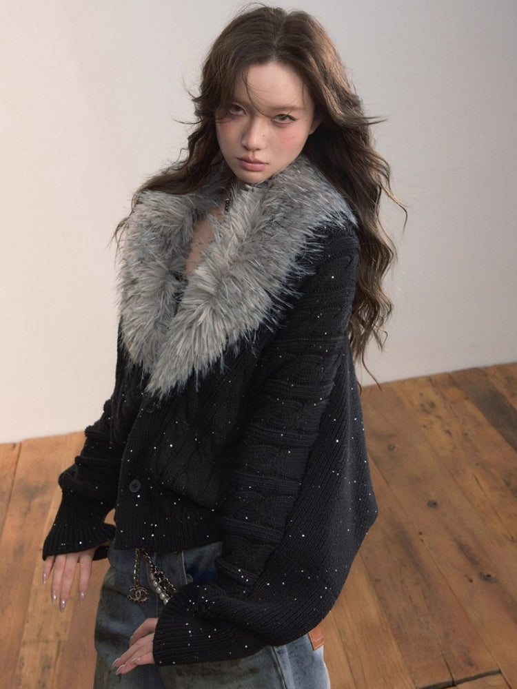 Heavyweight Detachable Fur Collar Cardigan