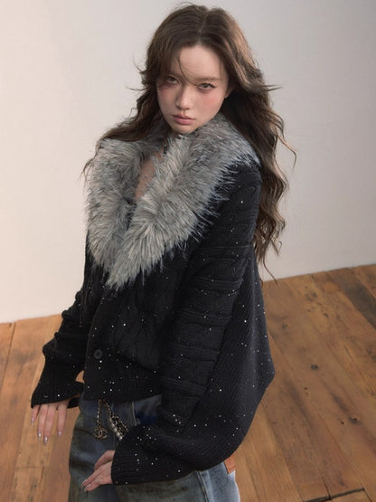Heavyweight Detachable Fur Collar Cardigan