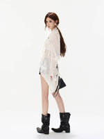 French Lace Chiffon Tie Waist Blouse