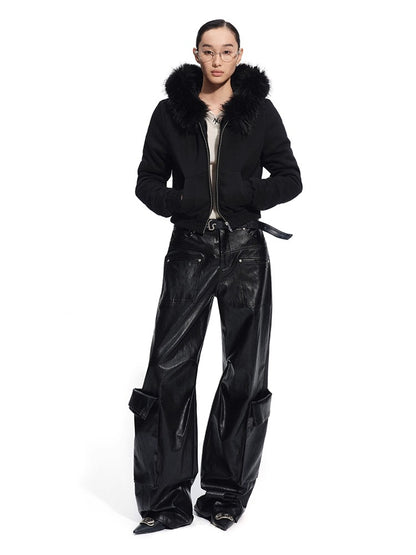 Punk-Style Eco Textured Faux Leather Wide-Leg Pants