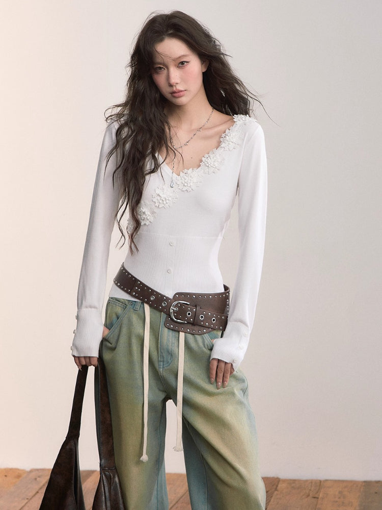 3D Floral Ribbed Waist-Fit T-shirt