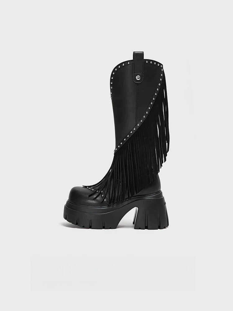 Black Studded Fringe Cowboy Boots