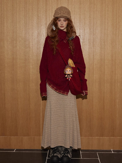 Plaid Patchwork Batwing Sleeve Knit Sweater