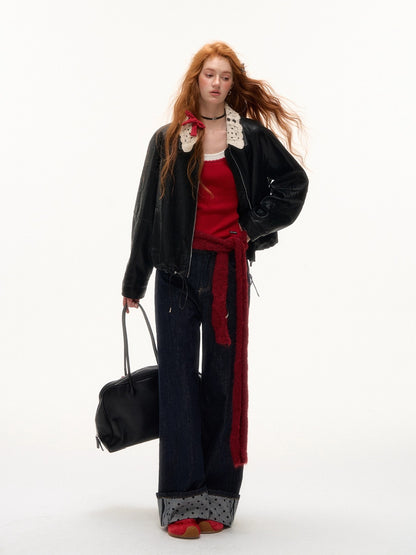 Contrast Cuff Polka Dot Denim Pants