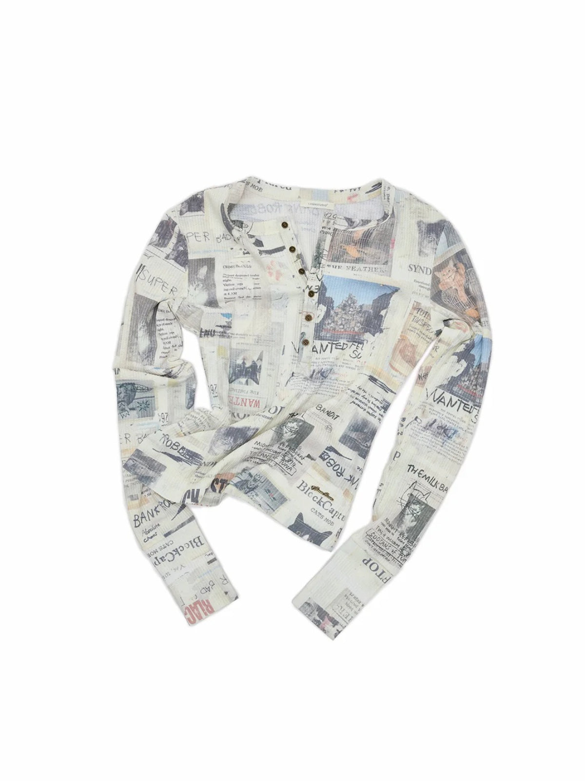 Cat Newspaper Print Henley Top
