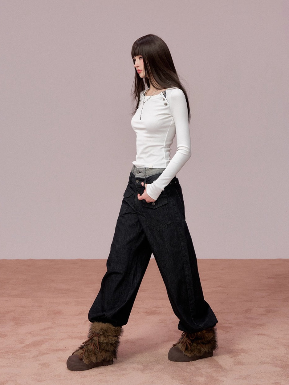 Colorblock Double Waistband Denim Pants