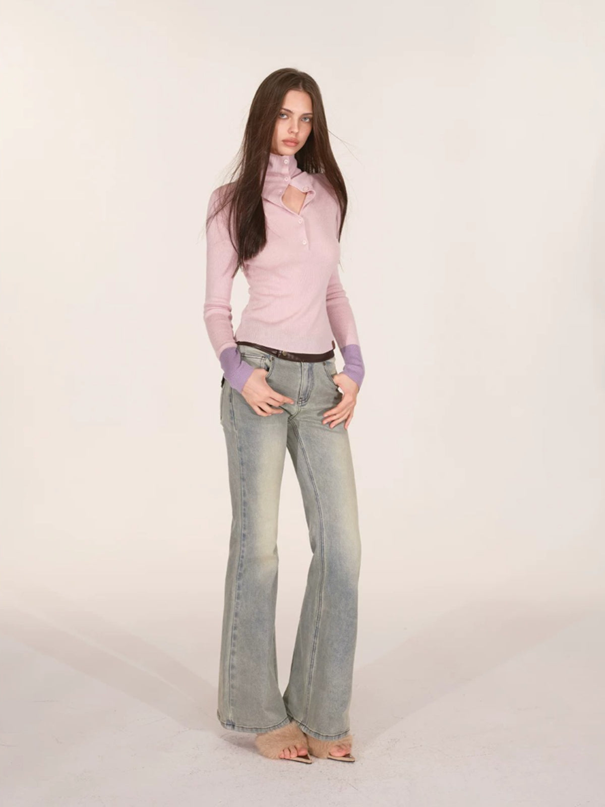 Contrast Cuff Button Neck Sweater