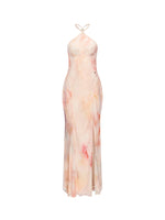 Net Fabric Halter Neck Backless High Slit Floral Print Dress