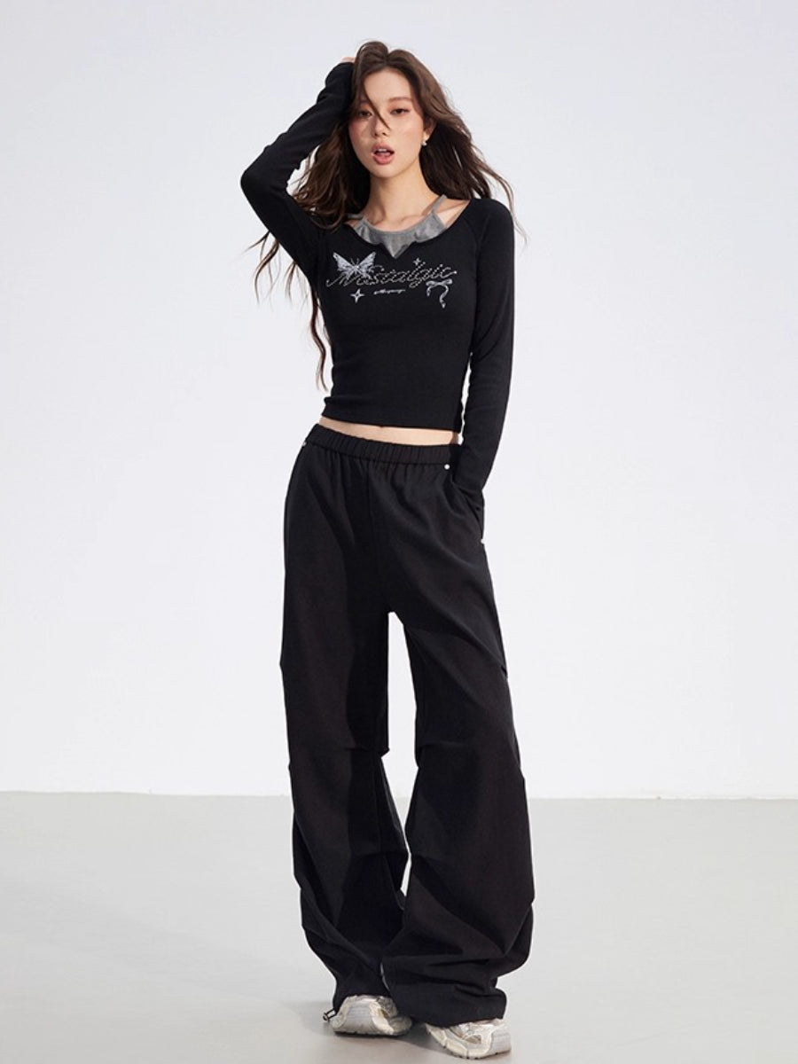 Butterfly Print Layered Long-Sleeve T-Shirt