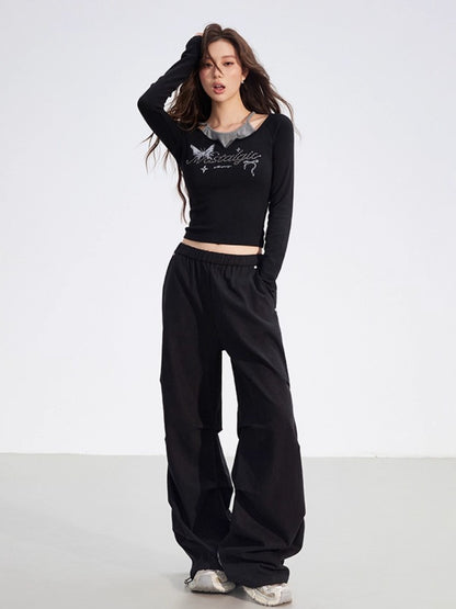 Butterfly Print Layered Long-Sleeve T-Shirt