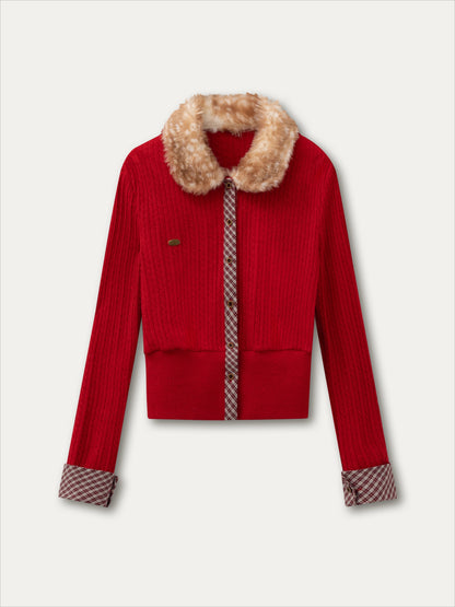 Fur-Collar Plaid Knit Cardigan