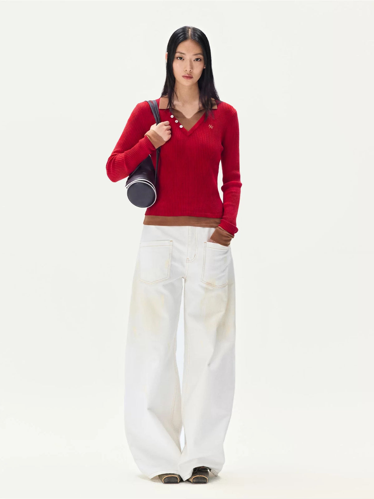 Contrast Layered V-Neck Wool Sweater