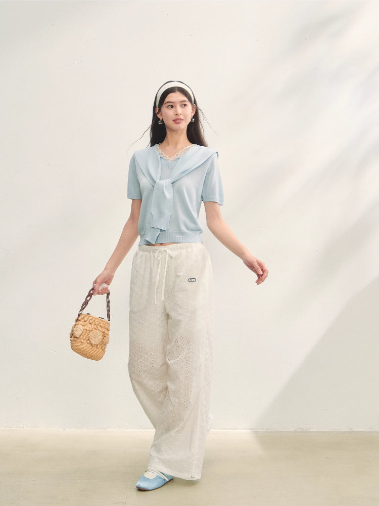 Lace Spliced V-Neck Knitted T-Shirt