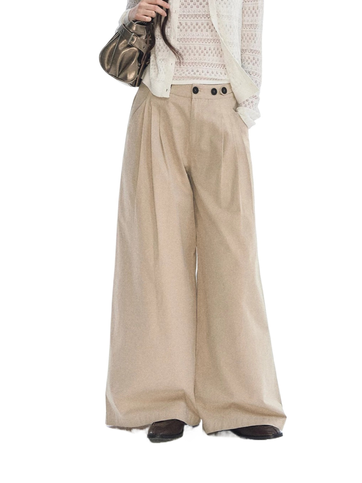 Khaki Pleated Wide Leg Trousers